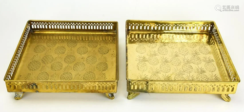 Pair Etched Pineapple Motif Brass Trays