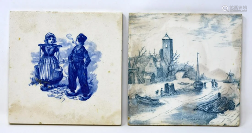 2 Hand Painted Delft Porcelain Tiles