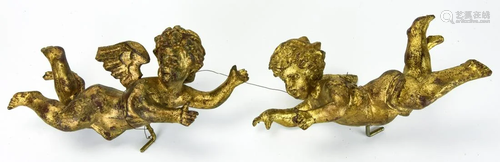 Pair Baroque Carved & Gilt Figural Putti / Angels