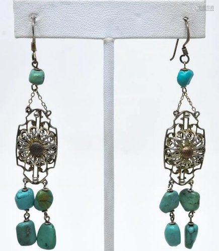 Pair of Sterling Filigree & Turquoise Earrings