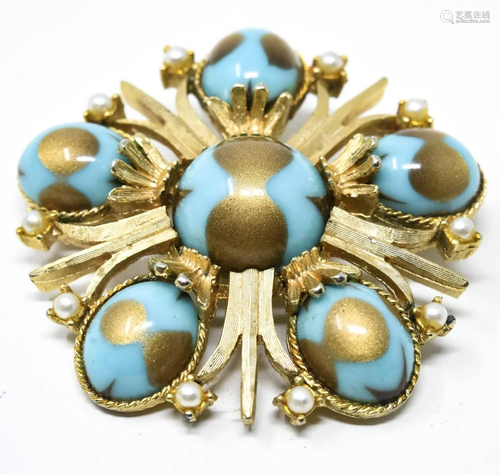 Cathe Gold Tone Faux Turquoise Cabochon Brooch