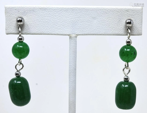 Pair Carved Green Jade & Sterling Silver Earrings