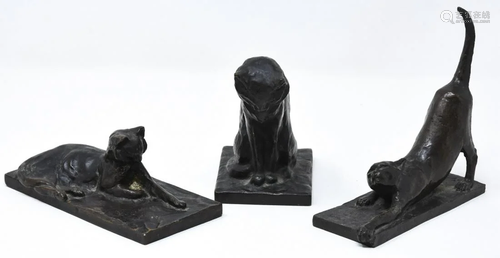 3 Signed Solid Bronze Figural Cat Statues