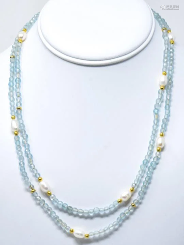 Two Strand Baroque Pearl & Aqua Bead Necklace