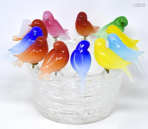 Zanetti Signed Murano Art Glass Birds & Nest Bowl