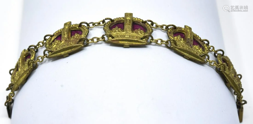 Antique C 1900 Gilt Metal Crown Motif Bracelet