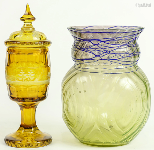 (lot of 2) Bohemian gold cut to clear glass lidded