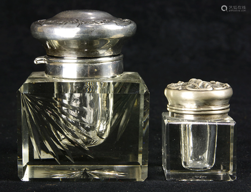 (lot of 2) Square glass inkwells with sterling silver