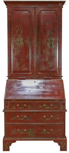 A George III style Chinoiserie red lacquered bur…