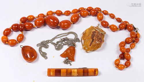 Collection of (5) amber, gold-filled, metal jewelry