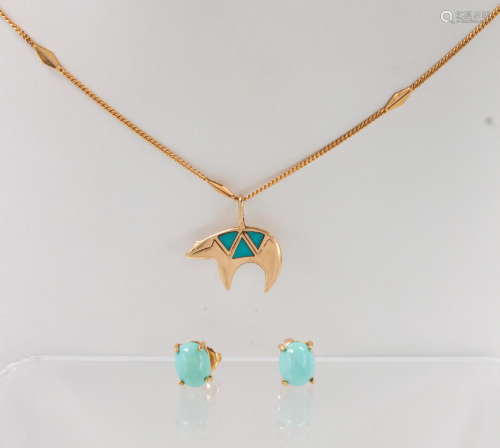 Turquoise, yellow gold jewelry suite