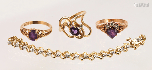 (Lot of 4) Amethyst, diamond, yellow gold jewelry