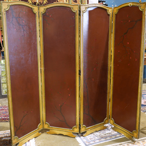 A French four panel polychrome decorated screen