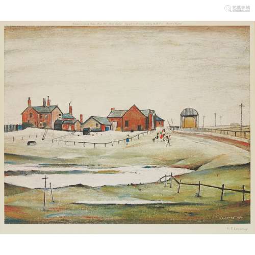 § LAURENCE STEPHEN LOWRY R.A. (BRITISH 1887-1976) LANDSCAPE WITH FARM BUILDINGS