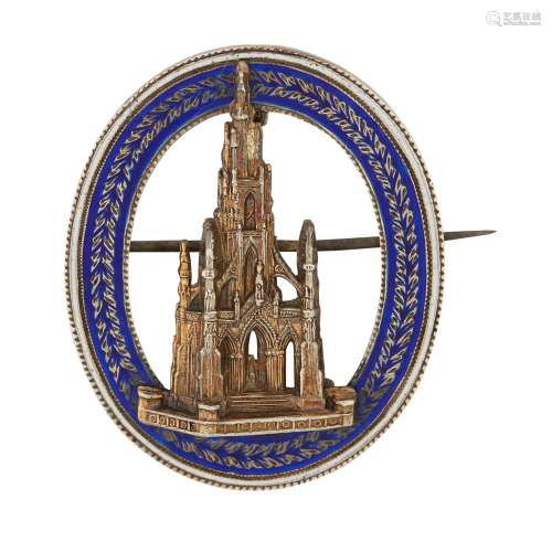 A VICTORIAN ENAMELLED SCOTT MONUMENT BROOCH