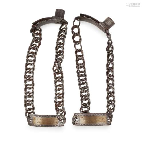 AN UNUSUAL PAIR OF STEEL CHAIN LINK DOG COLLARS 19TH CENTURY