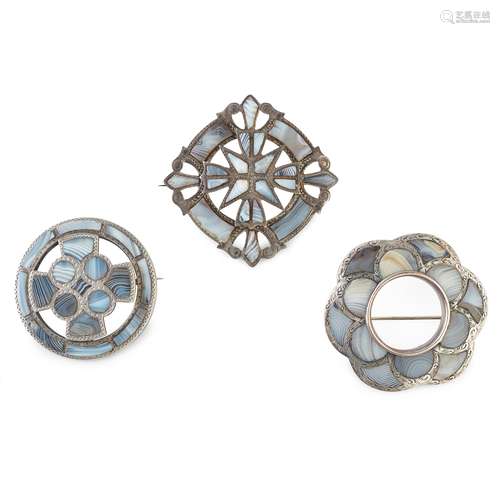 THREE AGATE SET BROOCHES