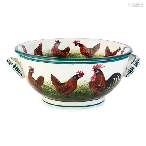 A WEMYSS WARE SPONGE DISH AND LINER 'BROWN COCKERELS AND HENS' PATTERN, CIRCA 1900