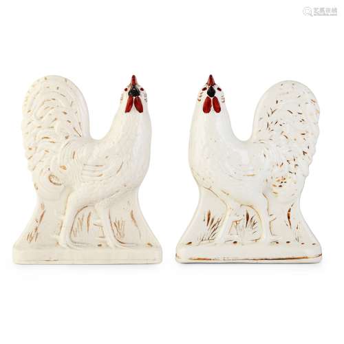 A MATCHED PAIR OF FIFE POTTERY COCKEREL MANTLE FIGURES CIRCA 1880