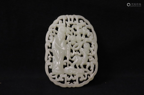 Old Handwork Hetian white jade carved plaque,