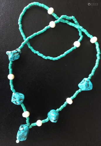 NB Turquoise Necklace w/ pearl, L 27\