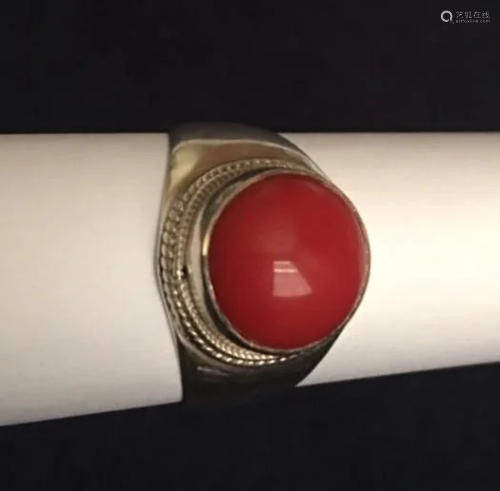 Natural Bright Red Coral Silver Ring, coral size, D: