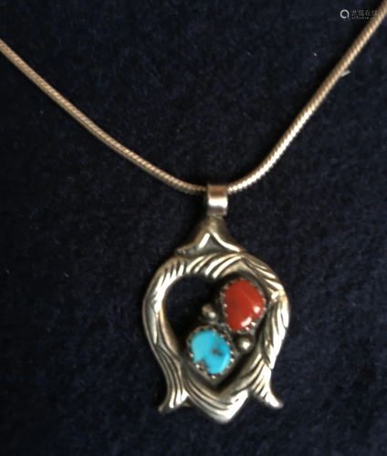 Coral & Turquoise Pendant w/ silver Necklace
