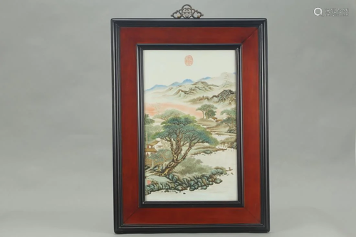 FRAMED FAMILLE ROSE LANDSCAPE PORCELAIN PANEL