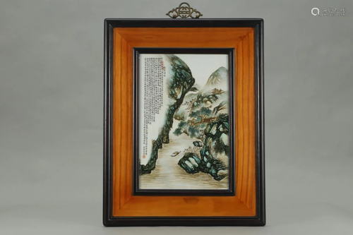 FRAMED FAMILLE ROSE LANDSCAPE PORCELAIN HA…