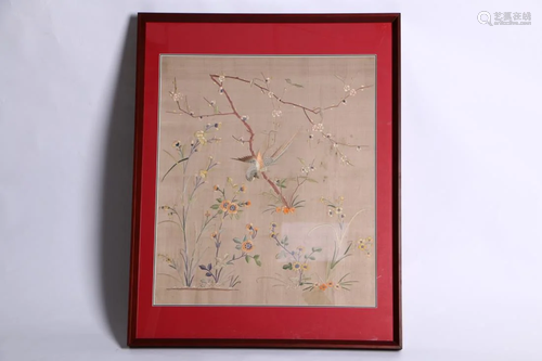 FRAMED EMBROIDERY OF 'BIRD & FLOWER' HANGI…