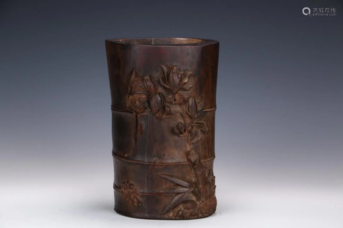 ZITAN WOOD CARVED BAMBOO MOTIF BRUSH POT