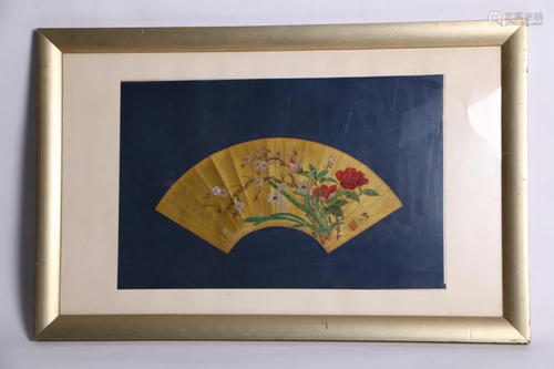 FRAMED FOLDING FAN PAINTING OF BIRD AND PLUM