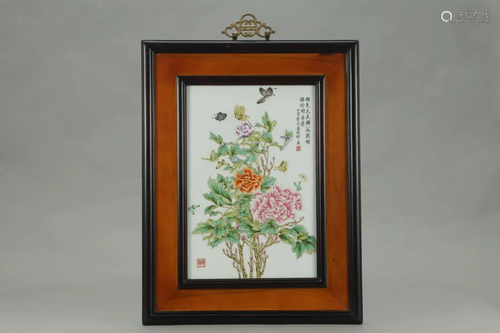 FRAMED FAMILLE ROSE PORCELAIN HANGING PANEL