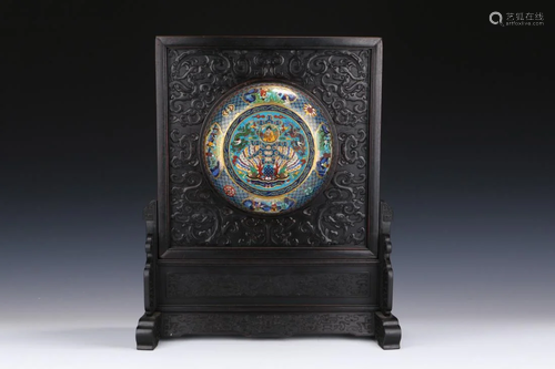 CLOISONNE BUDDHA INLAID ZITAN WOOD TABLE S…