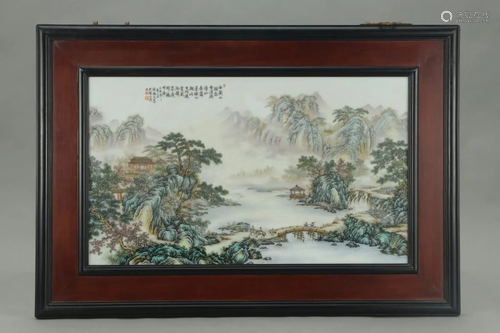 FRAMED FAMILLE ROSE LANDSCAPE PORCELAIN PANEL