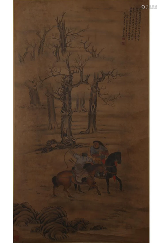 INK AND COLOR SILK PAINTING OF HUNTING IN F…