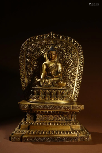 GILT BRONZE BUDDHA FIGURE OF SAKYAMUNI WITH…