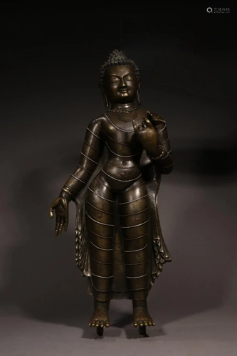 SILVER INLAID BRONZE FIGURE OF SAKYAMUNI