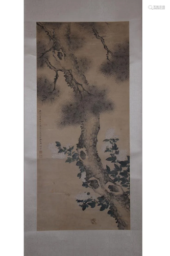 CHINESE PAINTING OF PINE TREE & CHRYSANTHEMUM