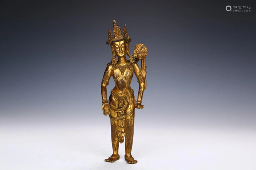 A GILT BRONZE FIGURE STATUE OF STANDING BUDDHA