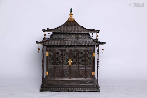 CHINESE ZITAN WOOD CARVING 'PAVILION' CABINET