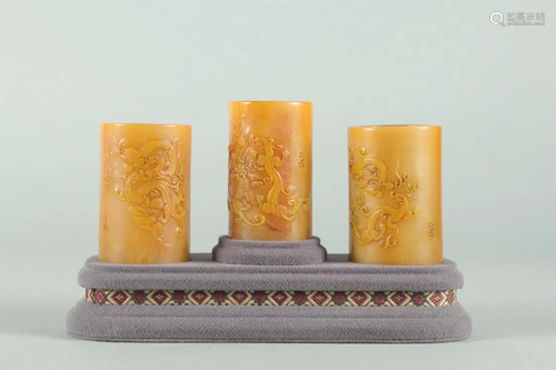 SET OF 3 TIANHUANG STONE CARVING CYLINDER …