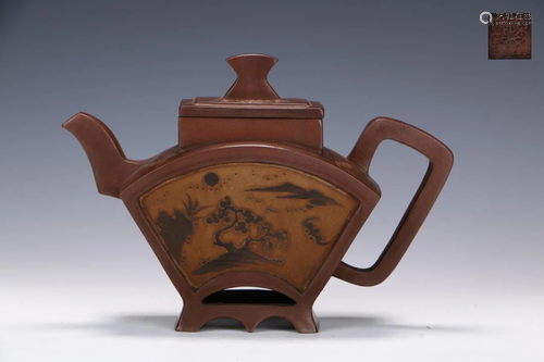 A DELICATE ZISHA CLAY CARVED TEAPOT