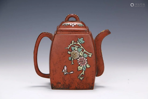 A ZISHA CLAY CARVED 'FIGURE' TEAPOT