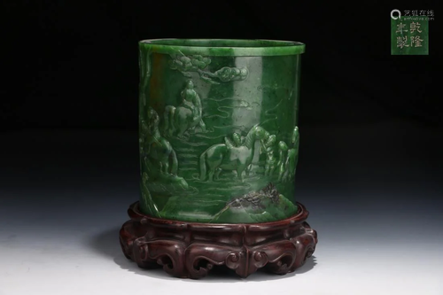 JASPER JADE CARVING 'FIGURE' BRUSH POT