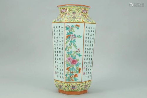 FAMILLE ROSE YELLOW-GROUND FLOWER VASE WIT…