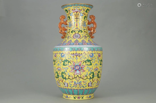 YELLOW-GROUND FAMILLE ROSE FLORAL VASE