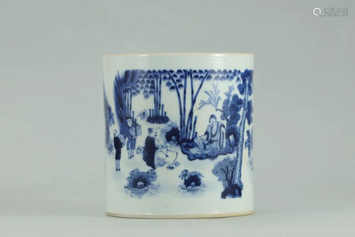 BLUE AND WHITE 'SCHOLAR FIGURES' BRUSH POT