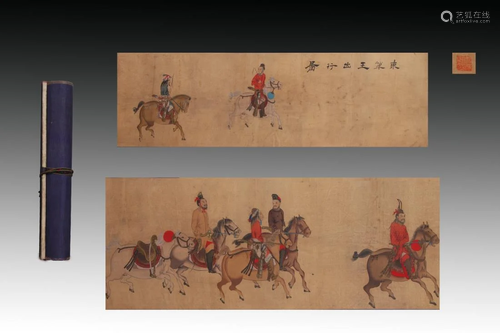 CHINESE HANDSCROLL FIGURAL PAINTING OF HUNTI…