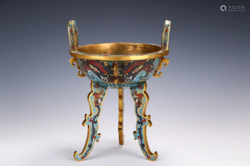 CHINESE GILT BRONZE CLOISONNE TRIPOD CENSER